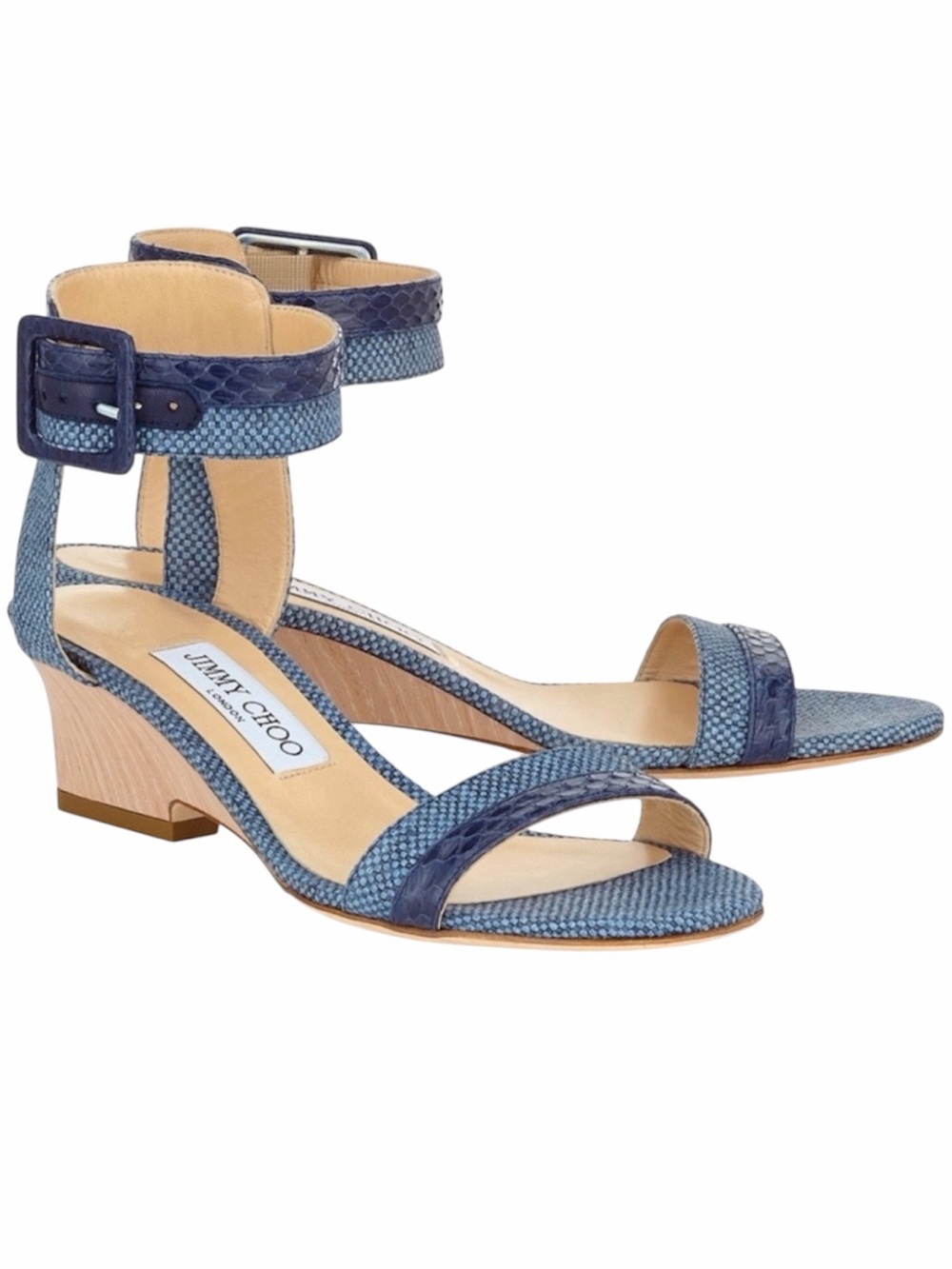 Jimmy Choo Mansy Two Tone Blue Ankle Strap Demi Wedge Low Sandals SZ 39 8.5